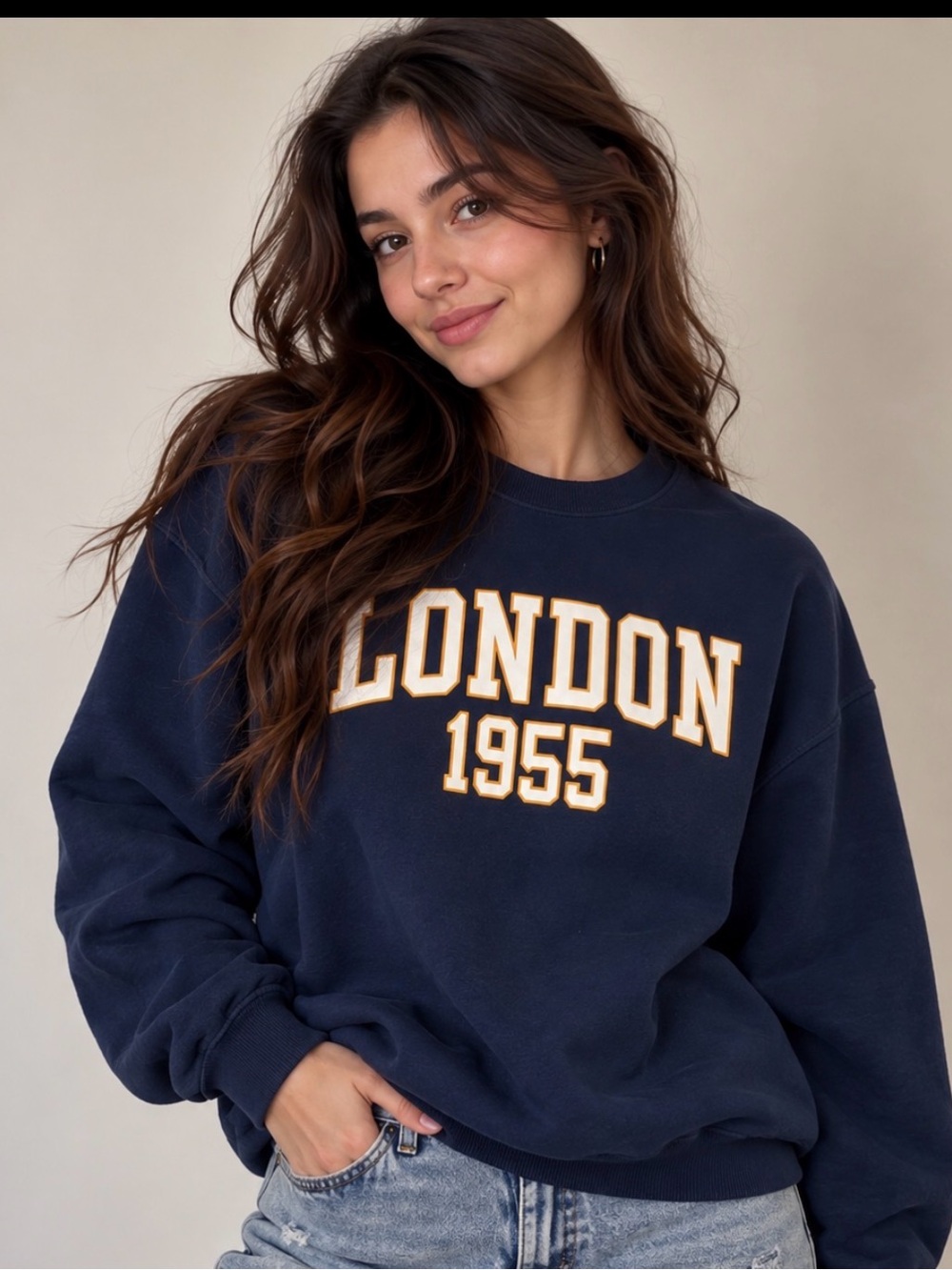 Sunday Navy Crewneck Sweatshirt with Orange 'London 1955' Lettering size M